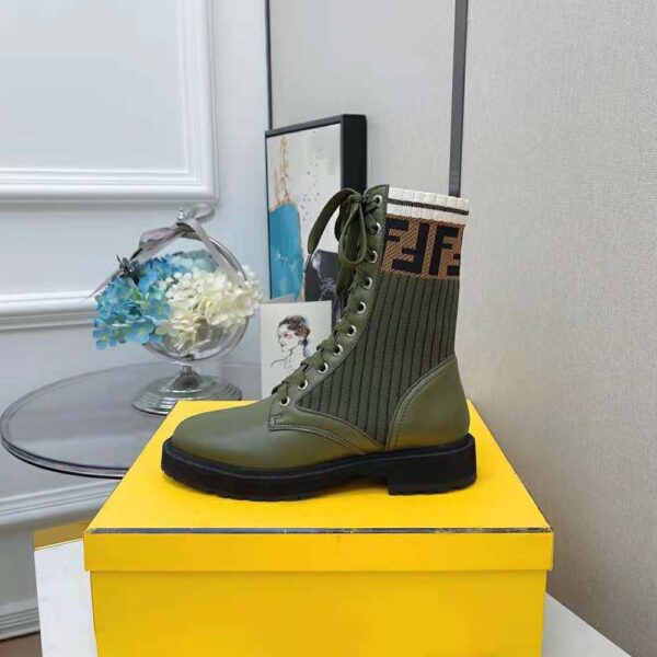 Fendi Women Rockoko Green Leather Biker Boots with Sstretch Fabric (4)