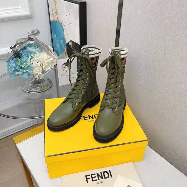 Fendi Women Rockoko Green Leather Biker Boots with Sstretch Fabric (5)