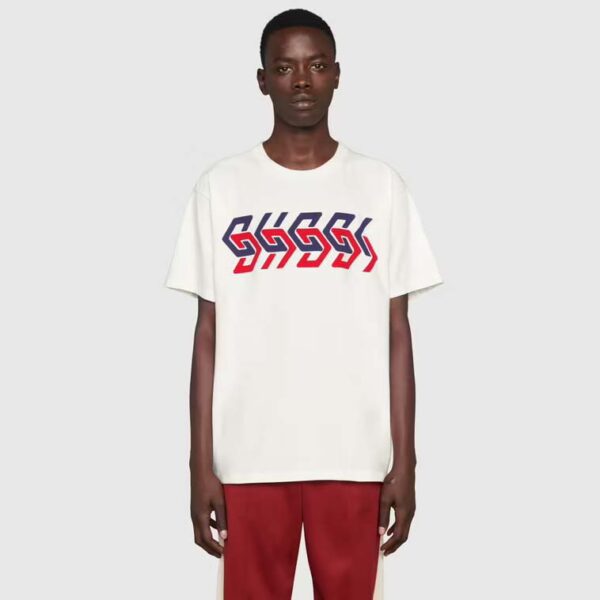 Gucci GG Men Cotton Jersey T-Shirt Beige Gucci Mirror Print Crewneck Oversize Fit (1)