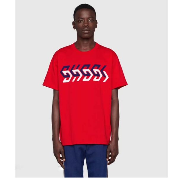 Gucci GG Men Cotton Jersey T-Shirt Red Gucci Mirror Print Crewneck Oversize Fit (7)
