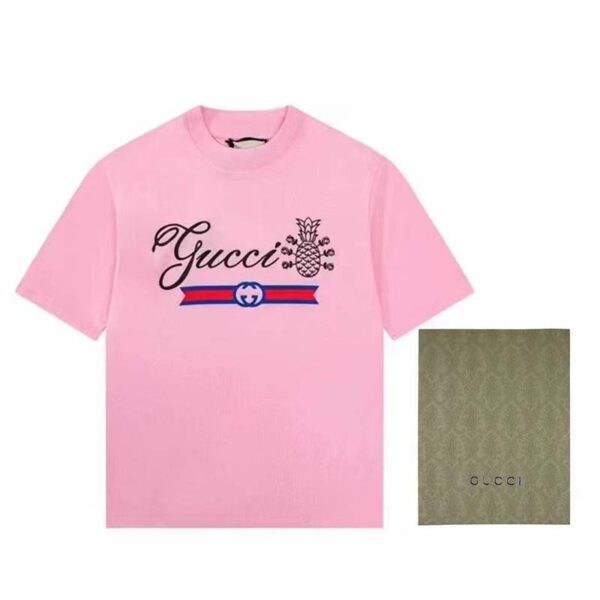 Gucci GG Men Gucci Pineapple Cotton T-Shirt Pink Jersey Crewneck Oversize Fit (7)