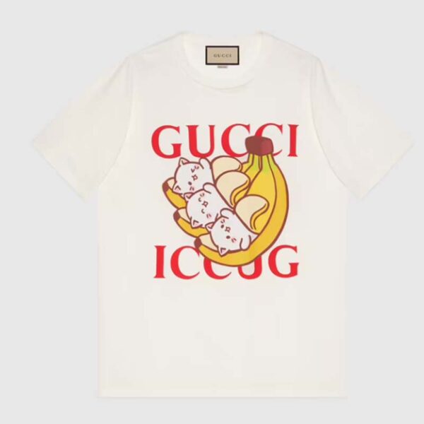 Gucci GG Women Bananya Cat Cotton T-Shirt White Cotton Jersey Crewneck Oversize Fit (11)