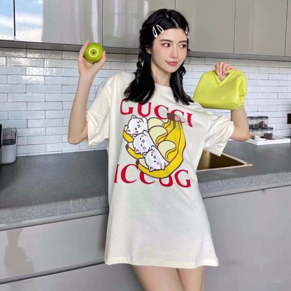 Gucci GG Women Bananya Cat Cotton T-Shirt White Cotton Jersey Crewneck Oversize Fit (12)