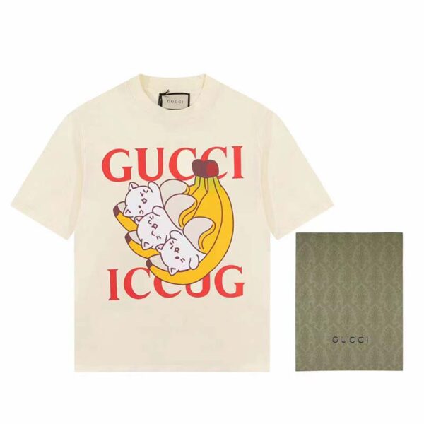 Gucci GG Women Bananya Cat Cotton T-Shirt White Cotton Jersey Crewneck Oversize Fit (4)