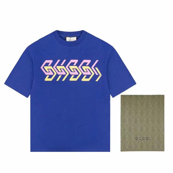 Gucci GG Women Cotton Jersey T-Shirt Blue Gucci Mirror Print Crewneck Oversize Fit (9)
