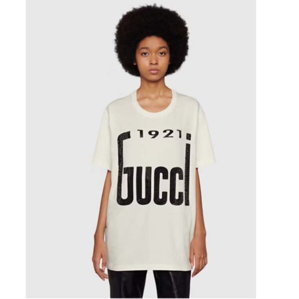 Gucci GG Women Crystal 1921 Gucci Cotton T-Shirt Crewneck Oversize Fit (10)