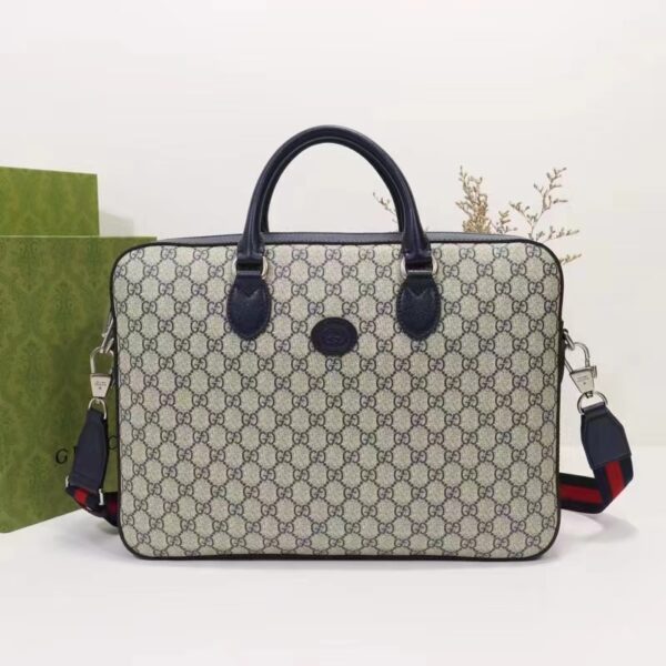Gucci Unisex Business Case Interlocking G Blue Beige GG Supreme Canvas (8)