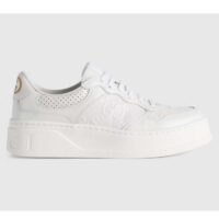 Gucci Unisex GG Embossed Sneaker White Smooth Leather Lace Up Flat (9)