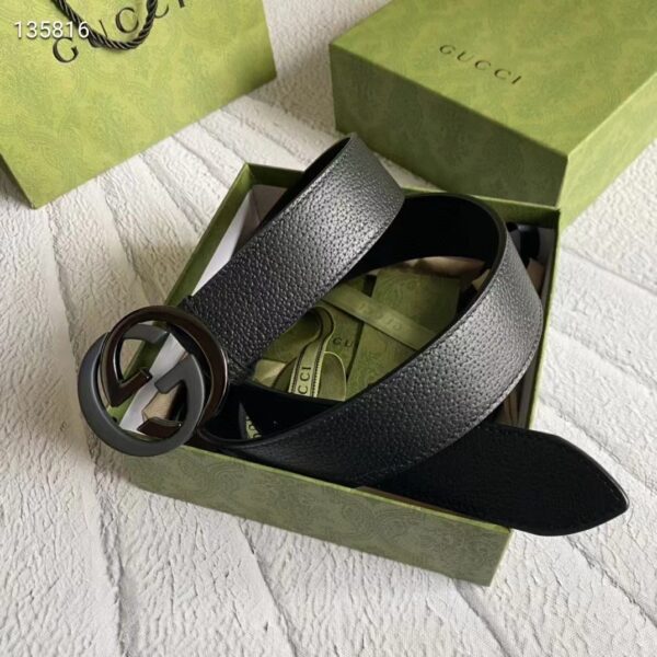 Gucci Unisex GG Leather Belt with Interlocking G Black Buckle 3.8 cm Width (2)