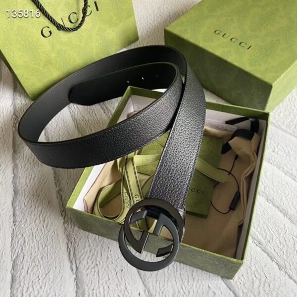 Gucci Unisex GG Leather Belt with Interlocking G Black Buckle 3.8 cm Width (4)