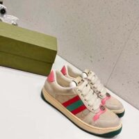 Gucci Unisex Screener Leather Sneaker GG Canvas Green Orange Web 3cm Heel (11)