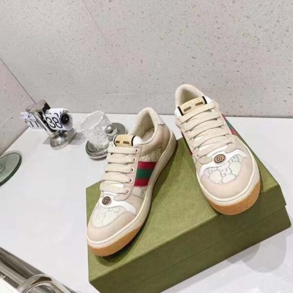 Gucci Unisex Screener Sneaker Pink Green Web Cream Scrap Less Leather (2)