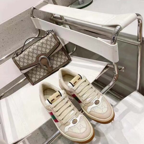 Gucci Unisex Screener Sneaker Pink Green Web Cream Scrap Less Leather (7)