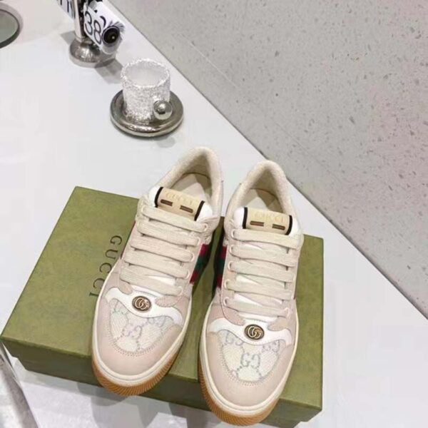 Gucci Unisex Screener Sneaker Pink Green Web Cream Scrap Less Leather (9)