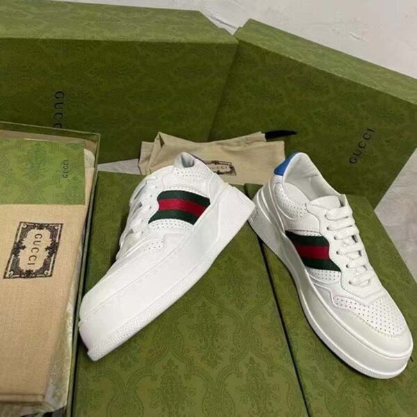 Gucci Unisex Sneaker Web White Leather Green Red Web Lace Up Flat (13)