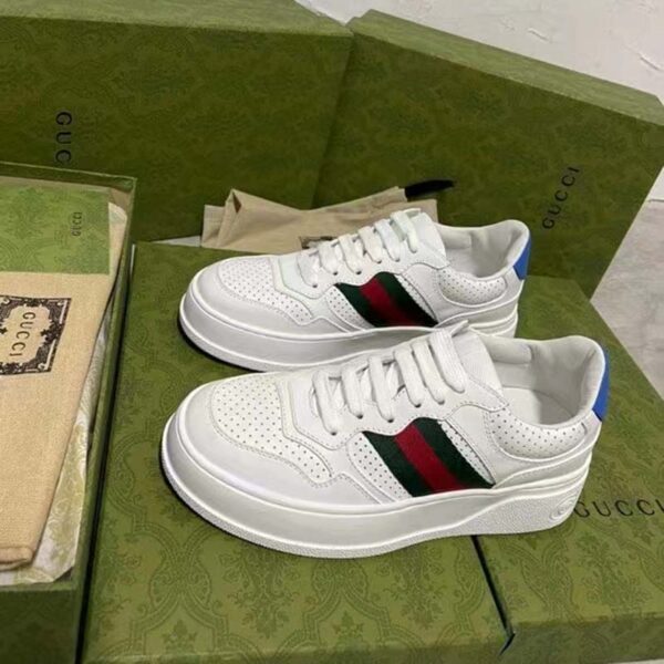Gucci Unisex Sneaker Web White Leather Green Red Web Lace Up Flat (8)