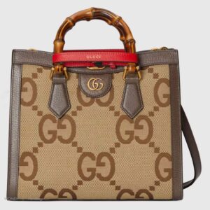 Gucci Unisex Diana Jumbo GG Small Tote Bag Double G Camel Brown Canvas