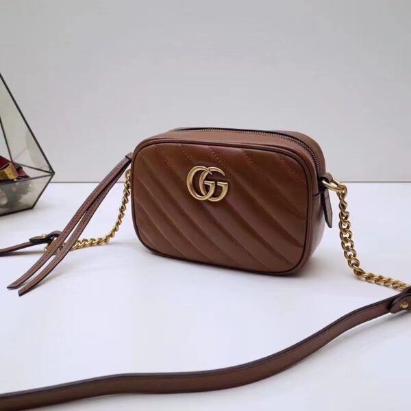 Gucci Women GG Marmont Mini Shoulder Bag Brown Matelassé Leather Double G (1)