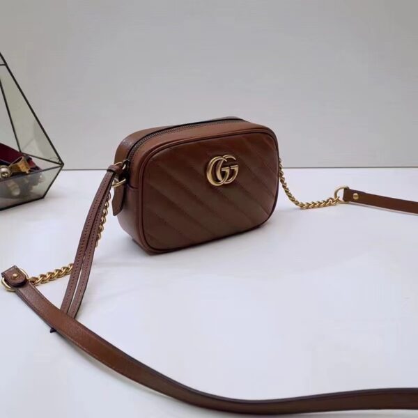 Gucci Women GG Marmont Mini Shoulder Bag Brown Matelassé Leather Double G (10)