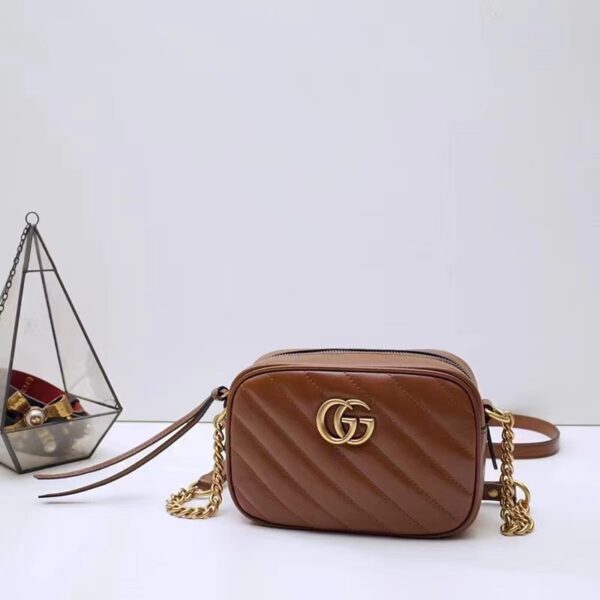 Gucci Women GG Marmont Mini Shoulder Bag Brown Matelassé Leather Double G (8)