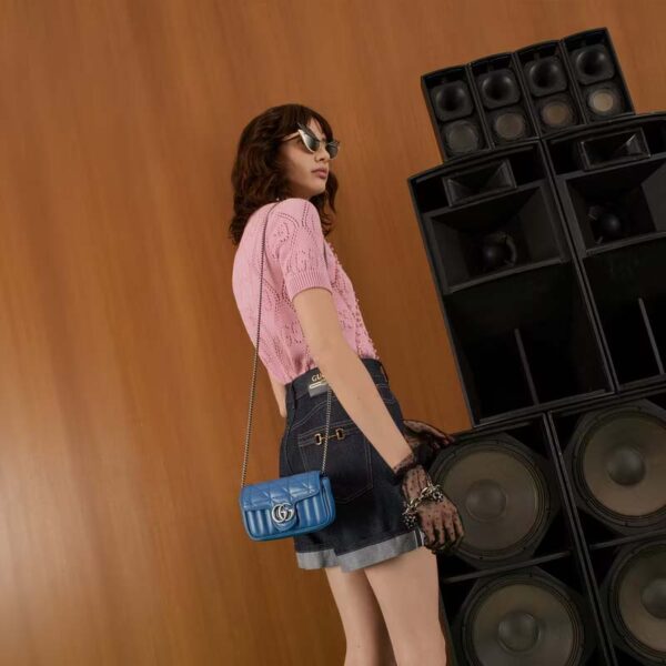 Gucci Women GG Marmont Super Mini Bag Blue Matelassé Leather Double G (12)