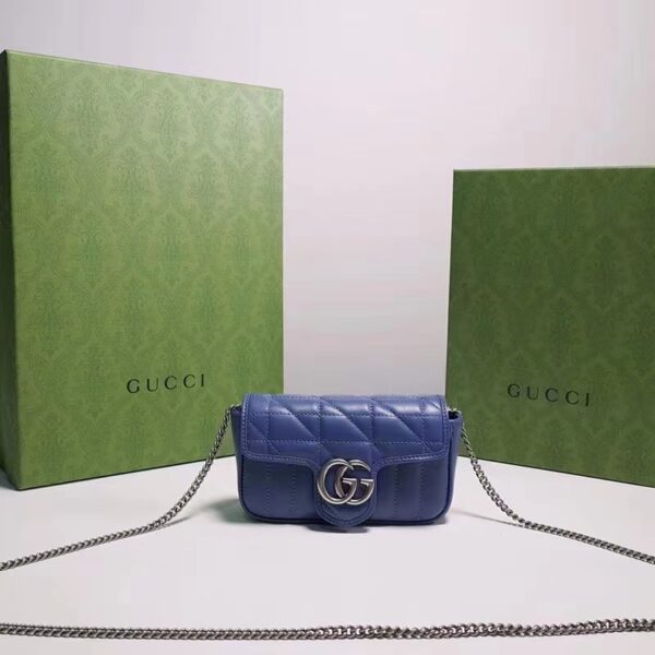 Gucci Women GG Marmont Super Mini Bag Blue Matelassé Leather Double G (3)