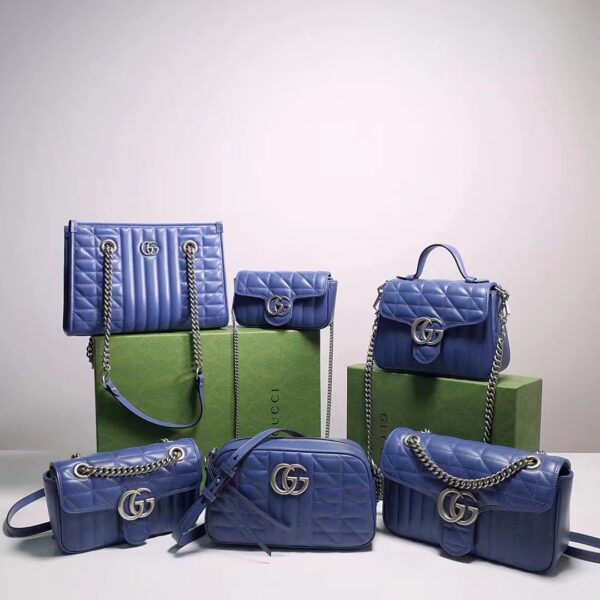 Gucci Women GG Marmont Super Mini Bag Blue Matelassé Leather Double G (7)