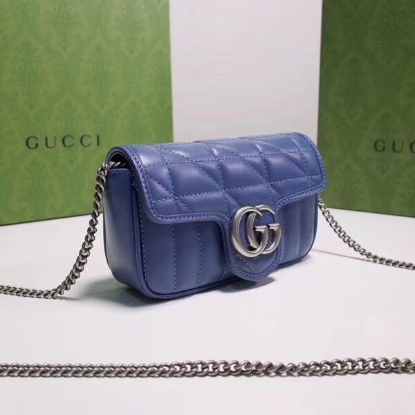 Gucci Women GG Marmont Super Mini Bag Blue Matelassé Leather Double G (9)