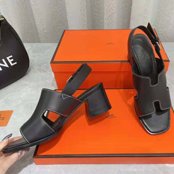 Hermes Women Elbe 60 Sandal in Calfskin Leather-Black (6)