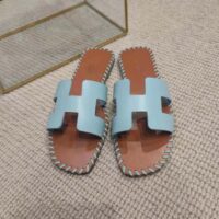Hermes Women Oran Sandal in Braided Calfskin with Iconic H Cut-Out-Blue (1)