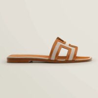 Hermes Women Oran Sandal in Calfskin and H Canvas with Iconic H Cut-Out (1)