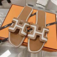 Hermes Women Oran Sandal in Calfskin and H Canvas with Iconic H Cut-Out (1)