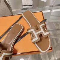 Hermes Women Oran Sandal in Calfskin and H Canvas with Iconic H Cut-Out (1)