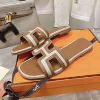 Hermes Women Oran Sandal in Calfskin and H Canvas with Iconic H Cut-Out (1)