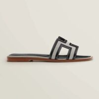 Hermes Women Oran Sandal in Calfskin and H Canvas with Iconic H Cut-Out-Black (1)