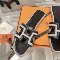 Hermes Women Oran Sandal in Calfskin and H Canvas with Iconic H Cut-Out-Black (1)
