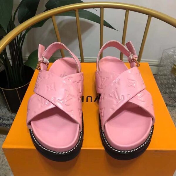 Louis Vuitton LV Women Paseo Flat Comfort Sandal Pink Monogram Embossed Lambskin (1)
