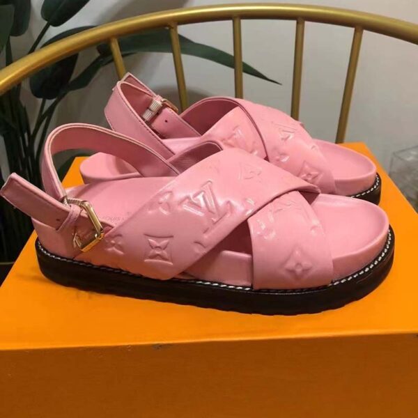 Louis Vuitton LV Women Paseo Flat Comfort Sandal Pink Monogram Embossed Lambskin (6)
