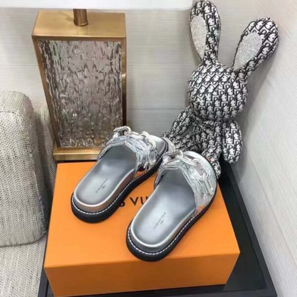 Louis Vuitton Women Sunset Flat Comfort Mule Silver Monogram Embossed Metallic Calf (1)