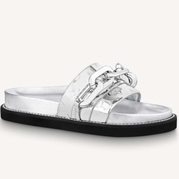 Louis Vuitton Women Sunset Flat Comfort Mule Silver Monogram Embossed Metallic Calf (10)