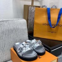 Louis Vuitton Women Sunset Flat Comfort Mule Silver Monogram Embossed Metallic Calf (10)