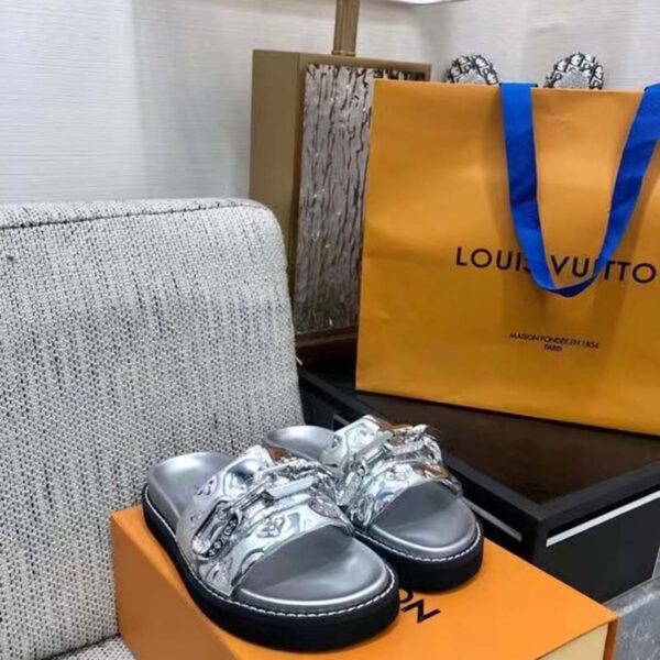 Louis Vuitton Women Sunset Flat Comfort Mule Silver Monogram Embossed Metallic Calf (9)