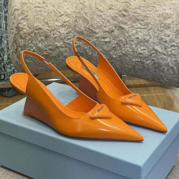 Prada Women Brushed Leather Slingback Pumps in 65mm Heel-Orange (2)