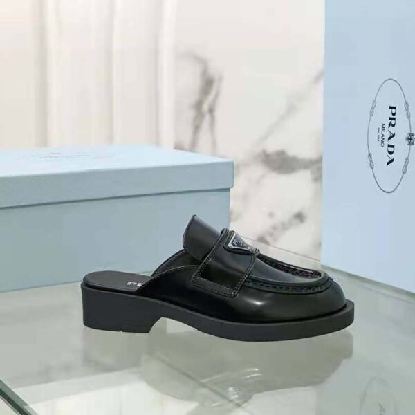 Prada Women Chocolate Brushed Leather Mules-Black (4)