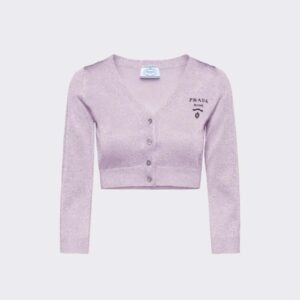 Prada Women Cropped Lurex Cardigan with Intarsia Logo-Purple