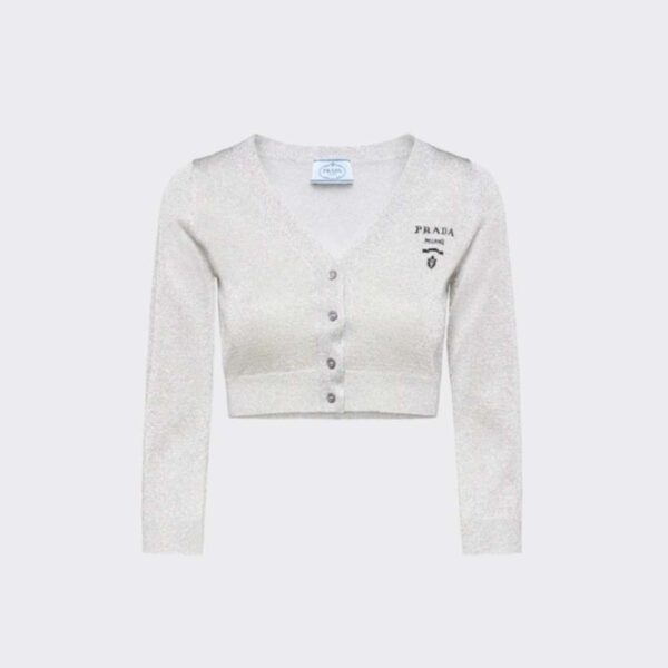 Prada Women Cropped Lurex Cardigan with Intarsia Logo-Silver (1)