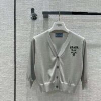 Prada Women Cropped Lurex Cardigan with Intarsia Logo-Silver (1)