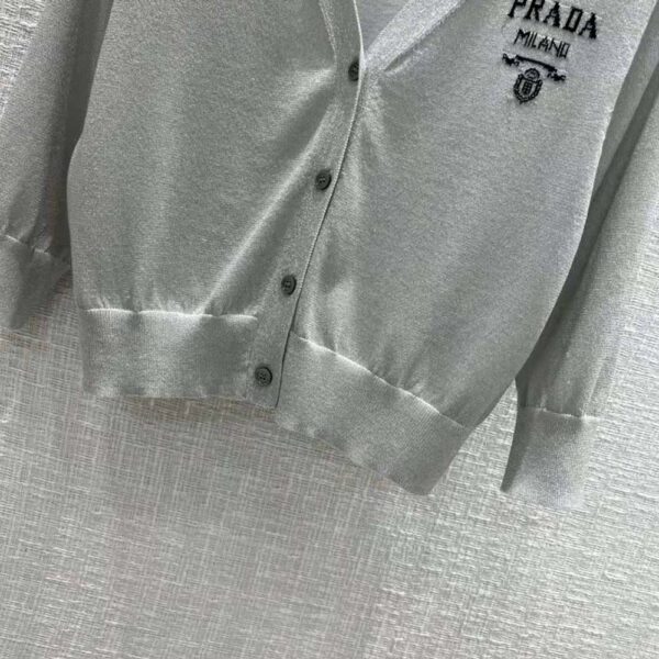 Prada Women Cropped Lurex Cardigan with Intarsia Logo-Silver (4)