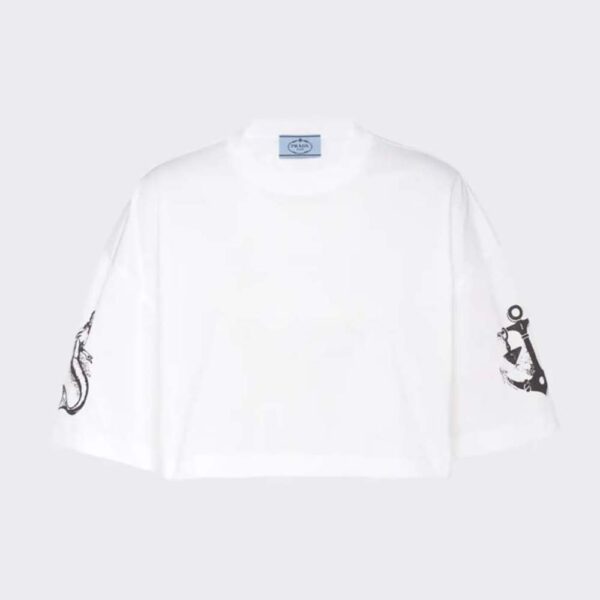 Prada Women Cropped Printed Jersey T-Shirt-White (1)