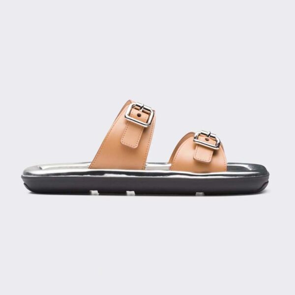 Prada Women Leather Sandals With Metal Buckle on the Upper-Brown (1)